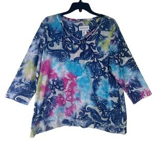 Alfred Dunner In Full Bloom Floral Burnout V-Neck Top Multi Color Size Large NWT